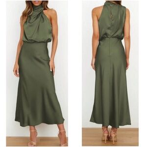 Luxe Sleeveless Satin Drape Neck Party Evening Midi Dress